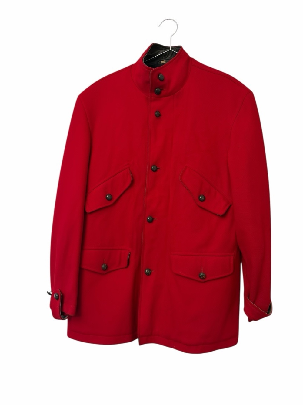 Vintage Lakeland men red wool Wool Field Coat sz 40 leather trim leather button